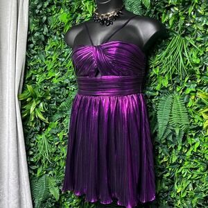 City Studio Dress Size 11/12 Purple Metallic Halter Pleated Mini Cocktail 3364